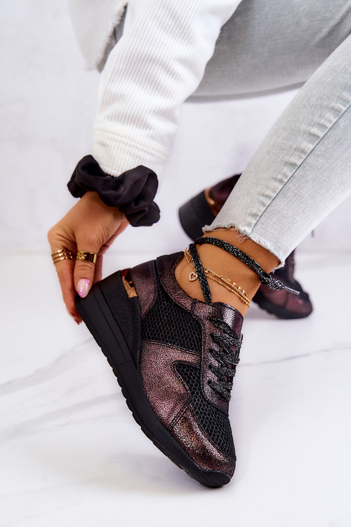 Skórzane Sneakersy Na Koturnie Z Siateczką S.Barski Czarne