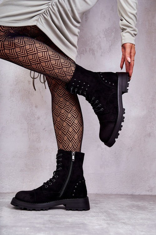 Zamszowe Botki Z Ćwiekami Czarne Palmira