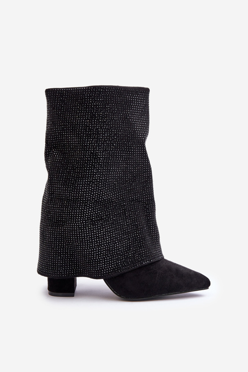 Zdobione Błyszczące Botki Z Wywiniętą Cholewką Na Słupku Ocieplane Czarne Xistaria