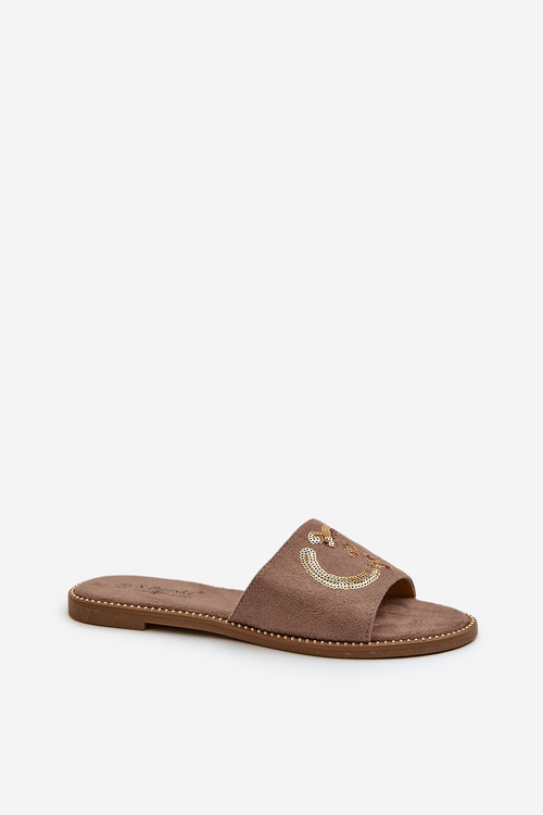 Damskie Płaskie Klapki Z Cekinami S.Barski KV27-052 Brązowe