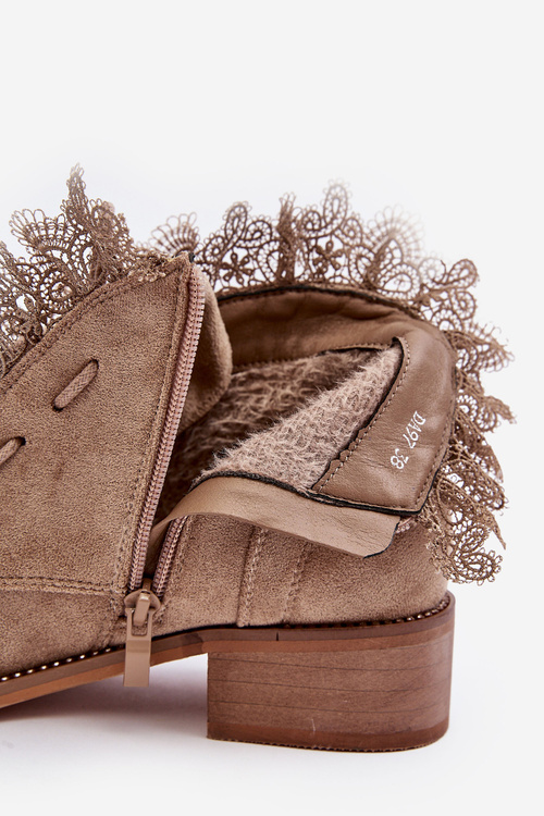 Zamszowe Botki Damskie Na Płaskim Obcasie Beżowe Klemovia