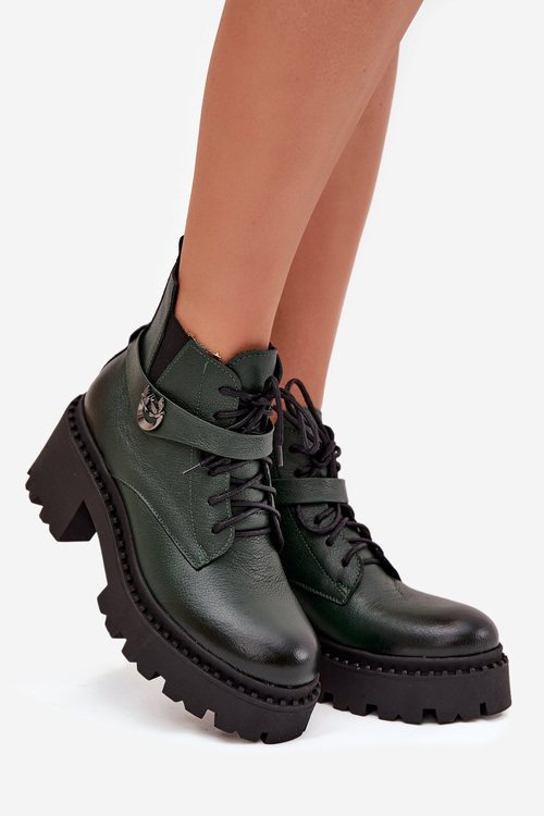 Skórzane Botki Damskie Na Klocku Z Ozdobnym Paskiem Ocieplane Zazoo 60557 Ciemnozielone