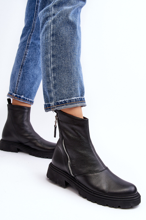 Damskie Skórzane Botki Na Płaskim Obcasie Laura Messi 2620/975 Czarne