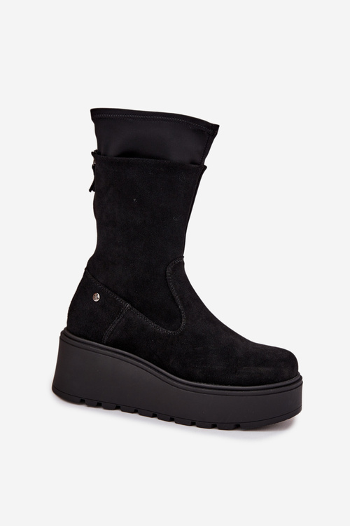 Damskie Skórzane Zamszowe Botki Na Masywnej Platformie Maciejka A7161-20 Czarne