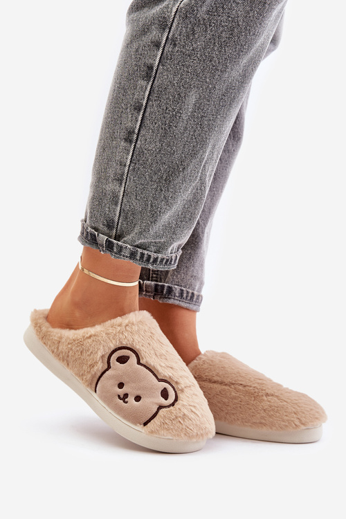 Kapcie Damskie Futrzane Z Misiem Beżowe Fiorinella