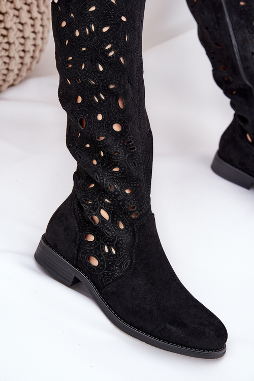 Ażurowe Kozaki Na Płaskim Obcasie HY51-176 Czarne