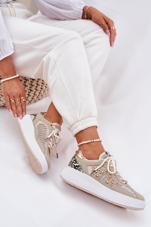 Buty Sportowe Damskie Z Siateczką I Ćwiekami Beżowe Ogalda