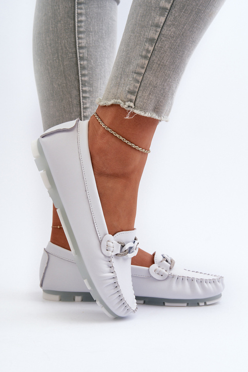 Skórzane Mokasyny Damskie Z Ozdobą Białe S.Barski LR339