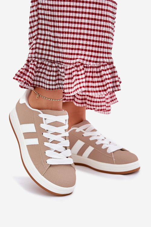 Buty Sportowe Sneakersy Damskie Z Eko Skóry Ciemnobeżowe Ravina