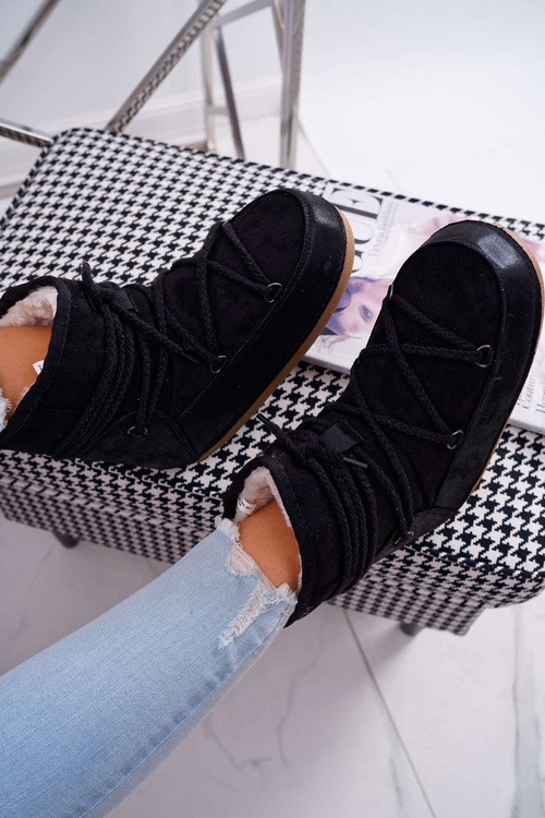 Damskie Botki Śniegowce Ocieplane Futerkiem Czarne Veme