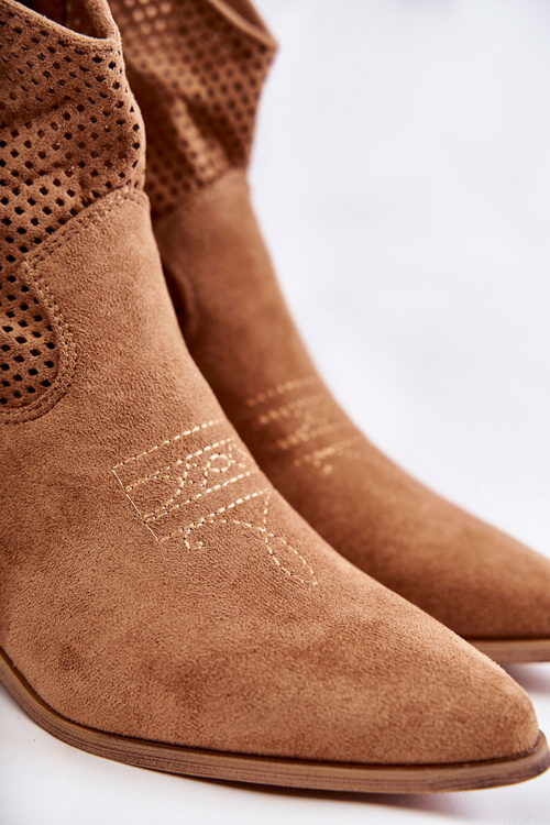 Zamszowe Ażurowe Botki Kowbojki Z Przeszyciem Camel Elvire