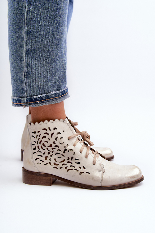 Zazoo 2871 Ażurowe Botki Damskie Sznurowane Złote Przecierane