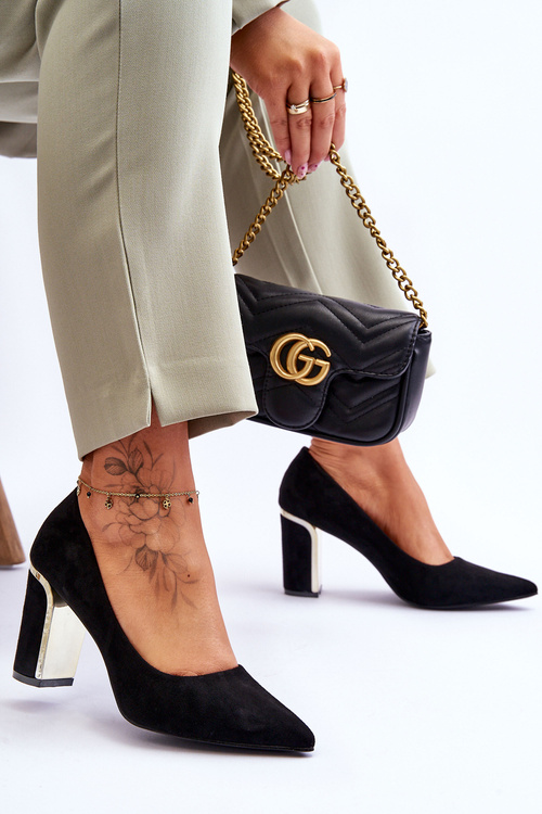 Klasyczne Zamszowe Czółenka Na Ozdobnym Słupku Czarne Elizabeth