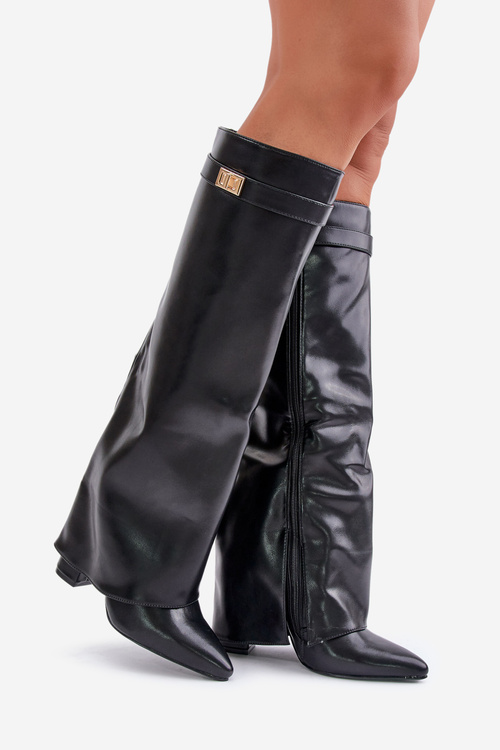 Kozaki Damskie Eko Skórzane Z Wywiniętą Cholewką Na Słupku Czarne Avamora