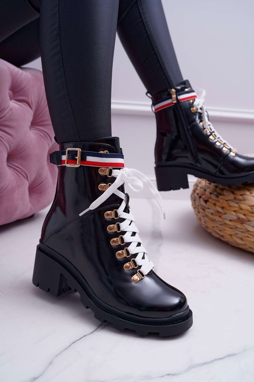 Botki Damskie Płaski Obcas Wysokie Glany Czarne Hippe