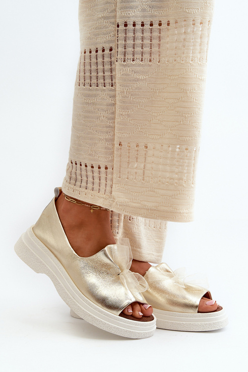 Zazoo 2939 Skórzane Sandały Damskie Z Kokardką Złote