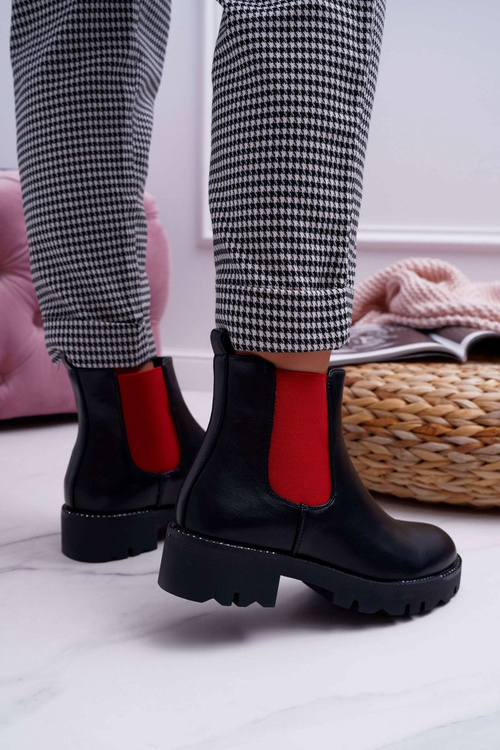 Damskie Botki Sztyblety Czerwone Gumki Czarne Superpower