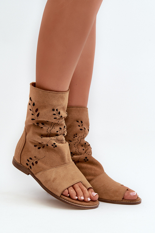 Zazoo 3437 Damskie Zamszowe Sandały Z Cholewką Na Zamek Camel