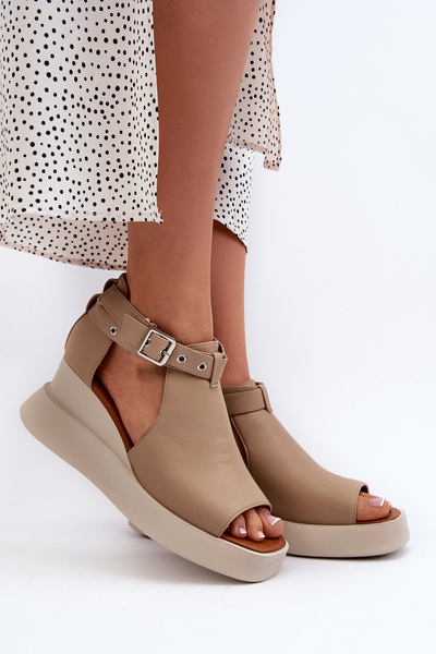 Sandały Damskie Na Platformie I Koturnie Z Eko Skóry Beżowe Hloeli