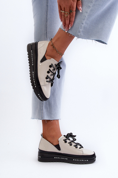 Sznurowane Półbuty Damskie Na Platformie Skóra Naturalna S.Barski LR620 Beżowe