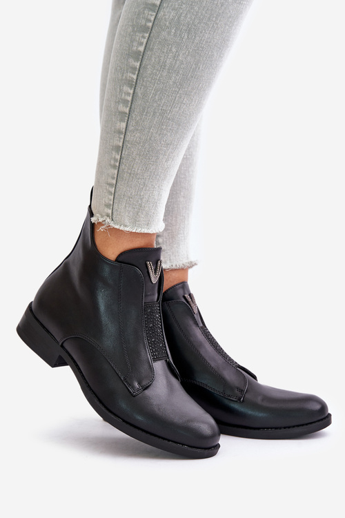 Niskie Botki Damskie Na Płaskim Obcasie Ocieplane Czarne S.Barski HY42-119 Czarne