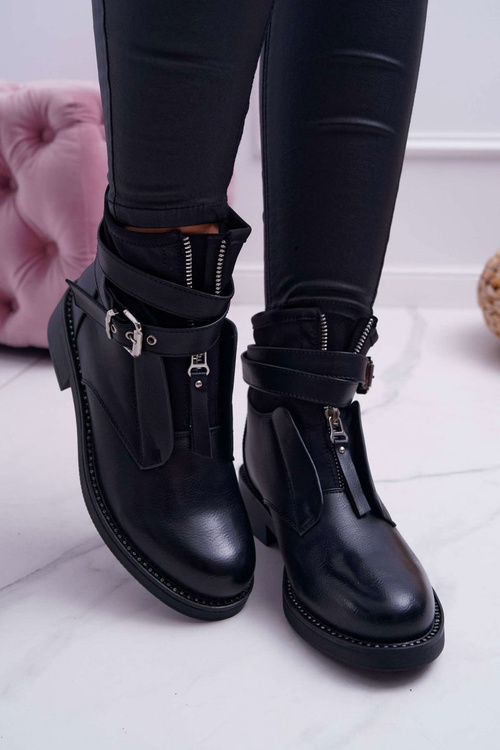 Botki Damskie Płaskie z Kryształkami Klamra Czarne Denovio