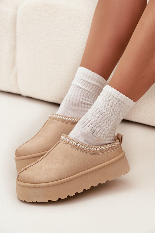 Niskie Śniegowce Damskie Z Haftem Na Platformie Jasnobeżowe Narirya