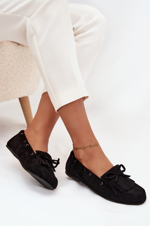 Mokasyny Damskie Z Frędzlami I Kokardką Czarne Olivianne