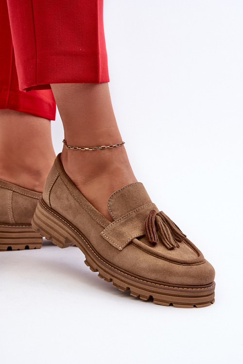 Zazoo 3469 Zamszowe Mokasyny Damskie Z Frędzlami Beżowe