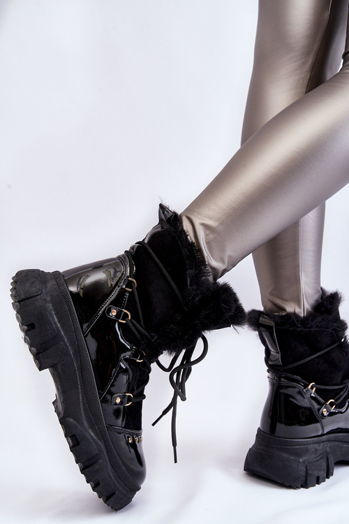 Damskie Botki Z Futerkiem Sznurowane Czarne Merron