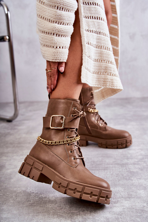 Modne Workery Botki Z Łańcuchem Brązowe Solesso