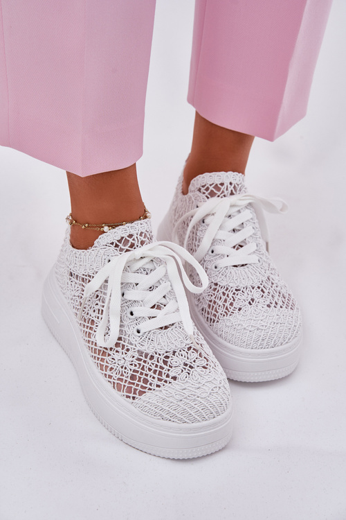 Sneakersy Damskie Na Platformie Z Szydełkową Cholewką Białe Mirietto