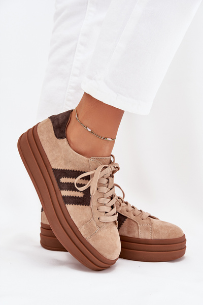 Sneakersy Damskie Na Platformie Z Naturalnego Zamszu Beżowe Eldira
