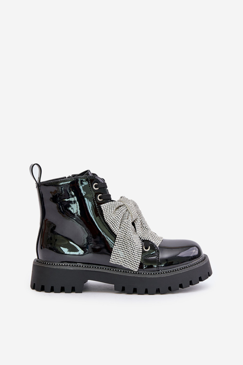 Lakierowane Botki Damskie Z Kokardą Czarne Ocenttia