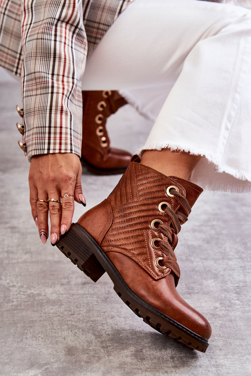 Skórzane Pikowane Botki Z Ociepleniem Brązowe Torino