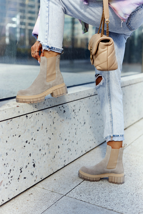 Zamszowe Damskie Botki Workery Jasnoszare Kennel