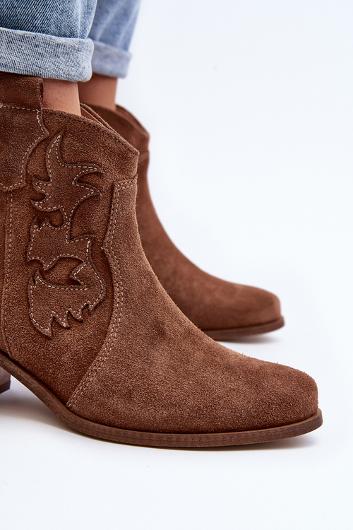 Zazoo 3426 Damskie Zamszowe Botki Kowbojki Brązowe