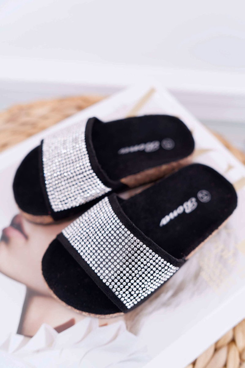 Dziecięce Czarne Klapki Na Korku Kryształki Malena