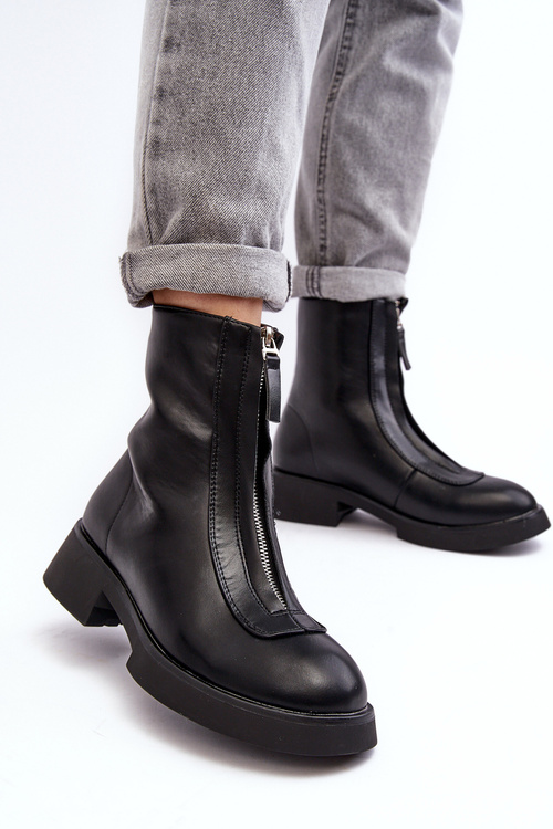 Damskie Botki Na Płaskim Obcasie Z Suwakiem Czarne Elkasa