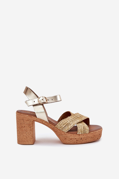 Skórzane Sandały Na Słupku Z Plecionką Na Paskach Zazoo 40460 Złote