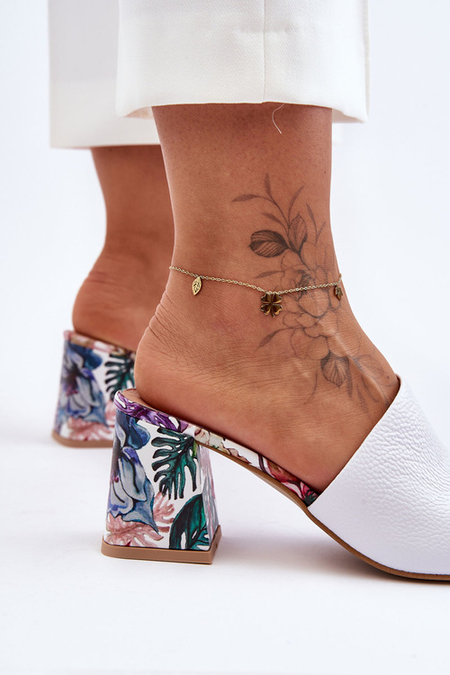 Damskie Skórzane Klapki Na Obcasie Lewski Shoes 3209/K Białe