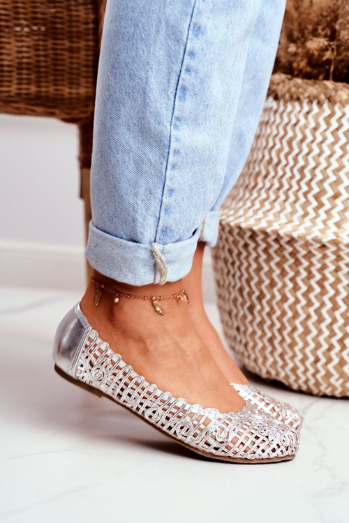 Lu Boo Damskie Baleriny Srebrne Ażurowe Plecione Carry