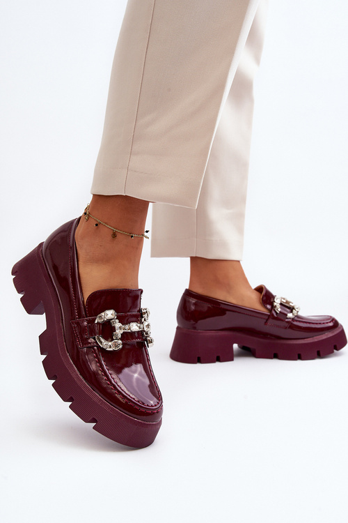 Damskie Lakierowane Mokasyny Z Ozdobą Bordowe Arsaba