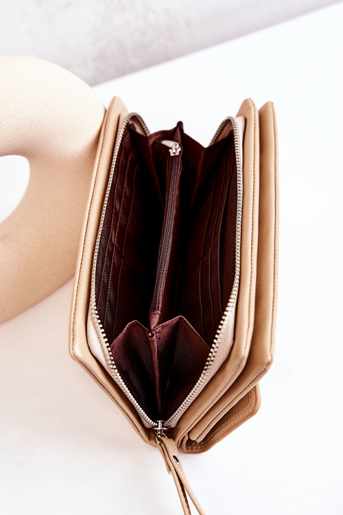 Duży Skórzany Portfel Na Suwak Beżowy Loreaine