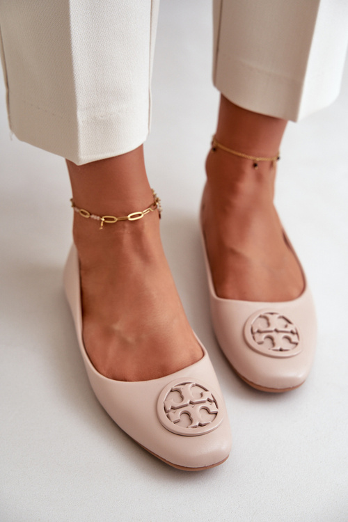 Baleriny Damskie Z Ozdobą Eko Skórzane Beżowe Rhodike