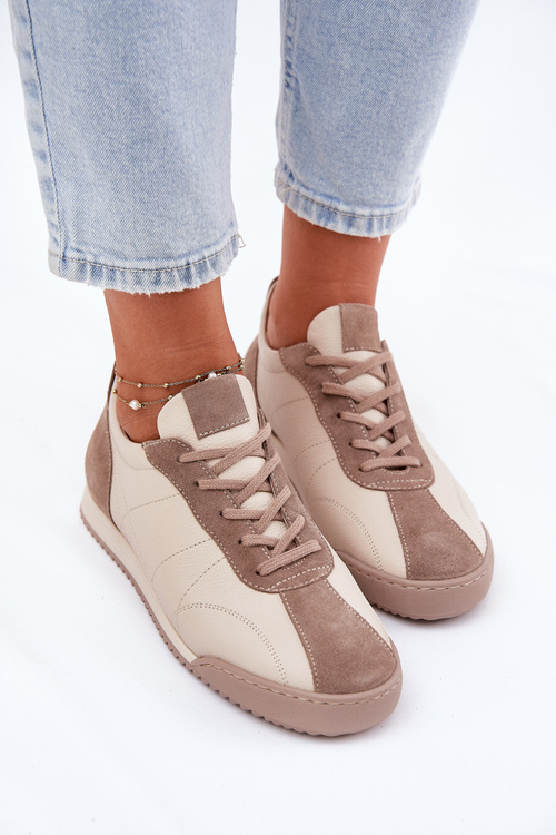 Skórzane Buty Sportowe Damskie Laura Messi 2935 Beżowe