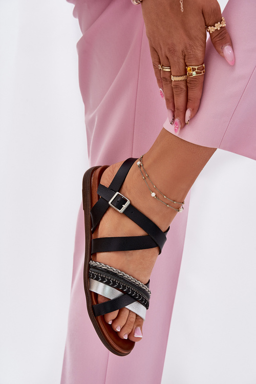 Damskie Sandały Płaskie Z Paskami Sergio Leone SK087H Czarne