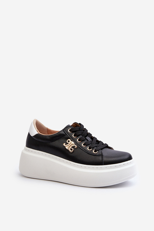 Skórzane Sneakersy Damskie Na Platformie Czarne Pernalia
