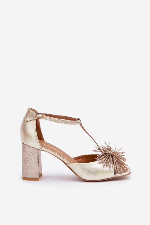 Sandały Skórzane Na Słupku Z Ozdobą Laura Messi 2758 Złote