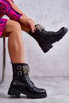 Damskie Botki Z Ozdobami Wiązane Czarne Leonese
